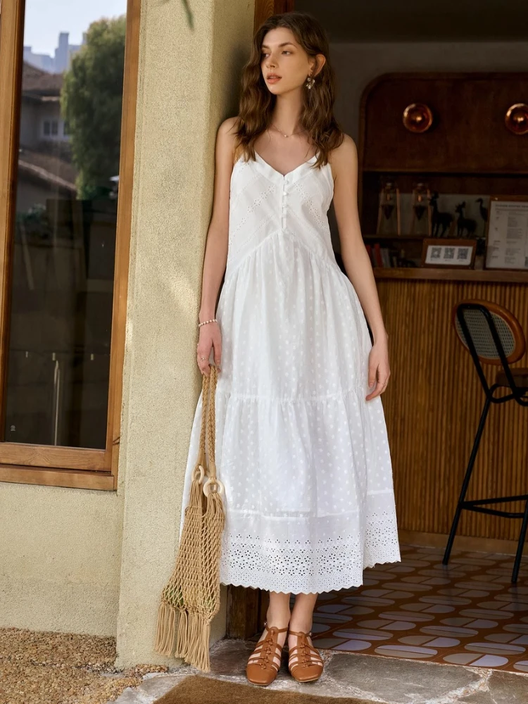 

OLrain Summer 2025 Women's White 100% Cotton French Suspender Embroidered Elegant Holiday A-Line Female Clothing O57XL99302