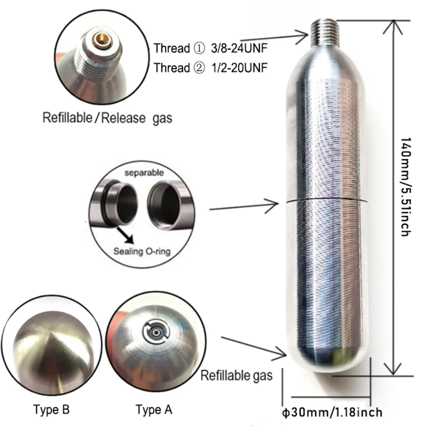 New Refillable High Pressure 45g Co2 Cartridge for Beer Barrel Keg Pneumatic Maintenance, Outdoor Life Jacket