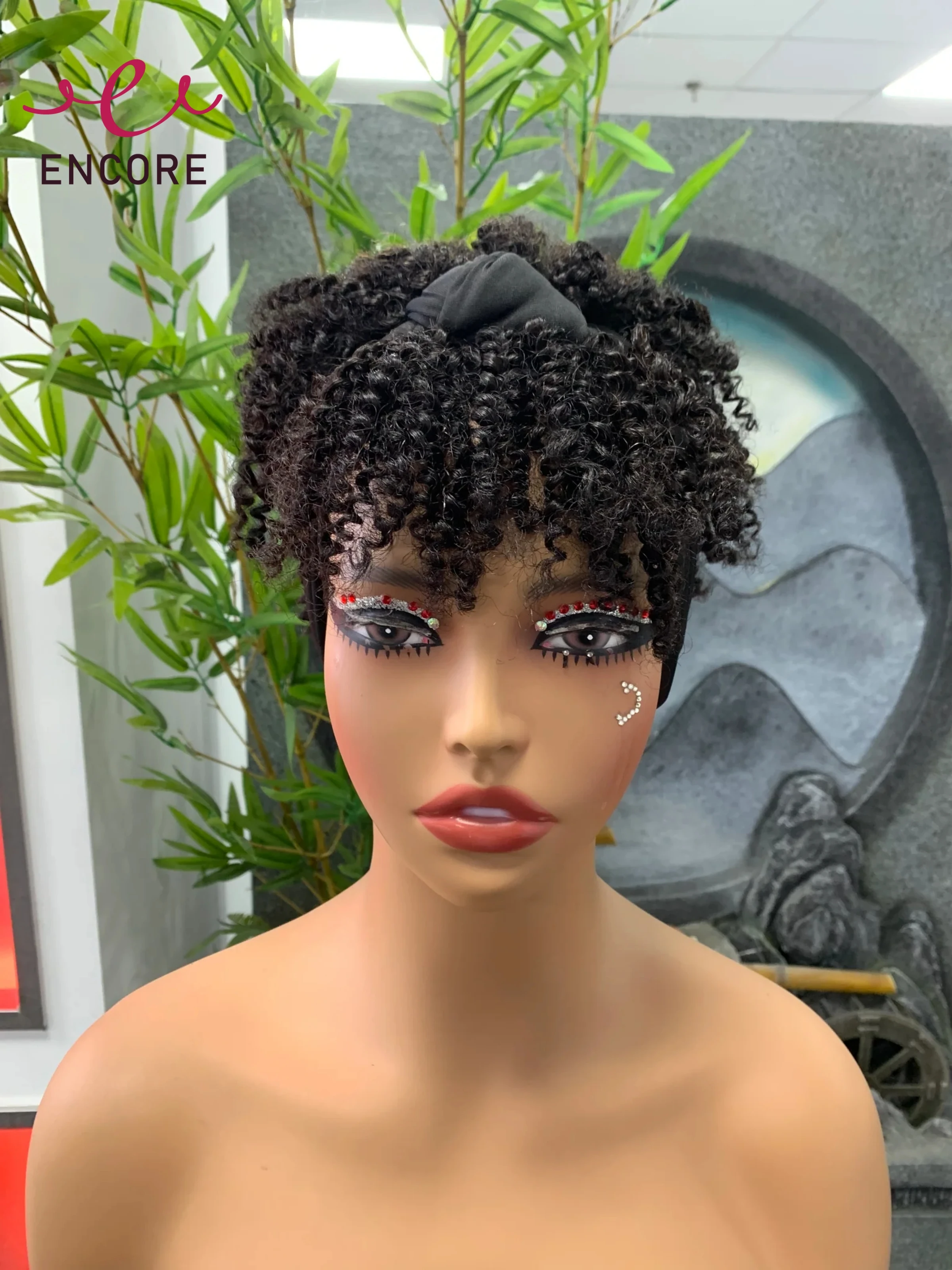 

Natural Scarf Wigs 200% Density Machine Made Wig Pixie Curly Human Hair with Bangs Short Hair Wigs Bouncy Curly Human Hair Wigs