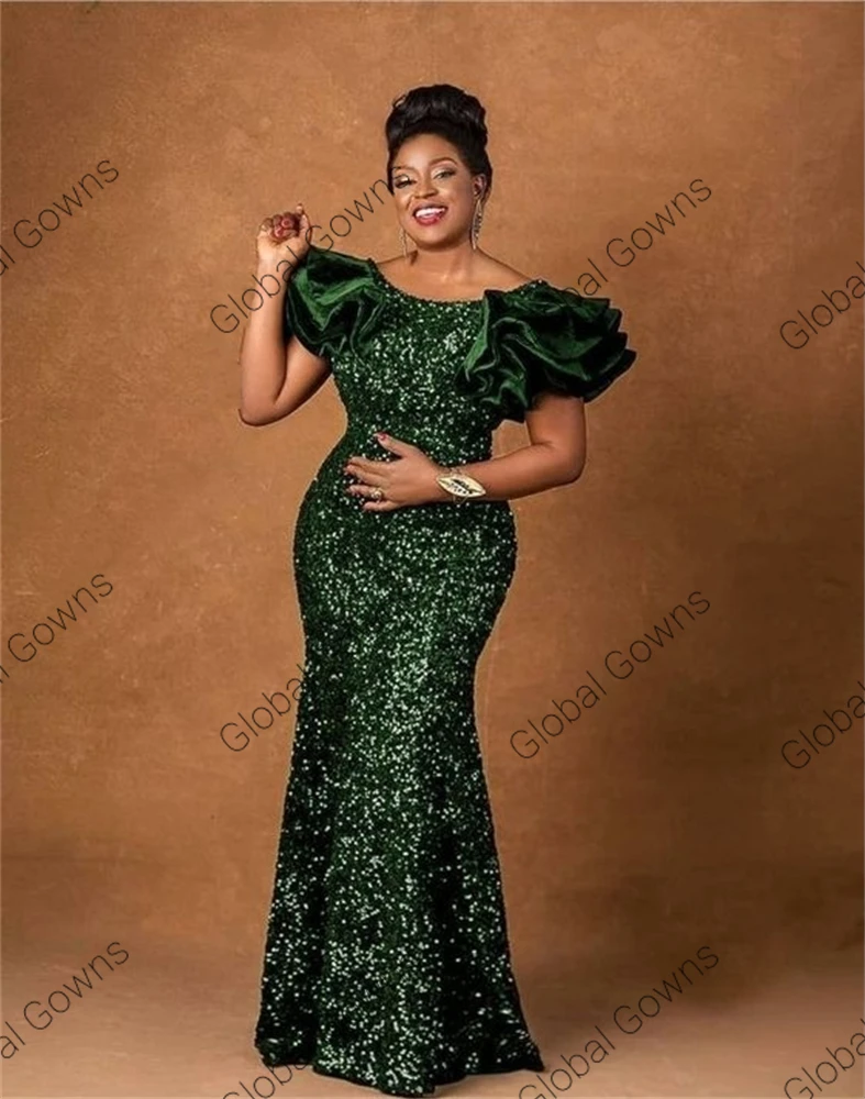 Royal Blue O Neck Evening Dress For Black Girls 2024 Sparkly Sequined Birthday Party Dresses Ruffles Aso Ebi African Customized