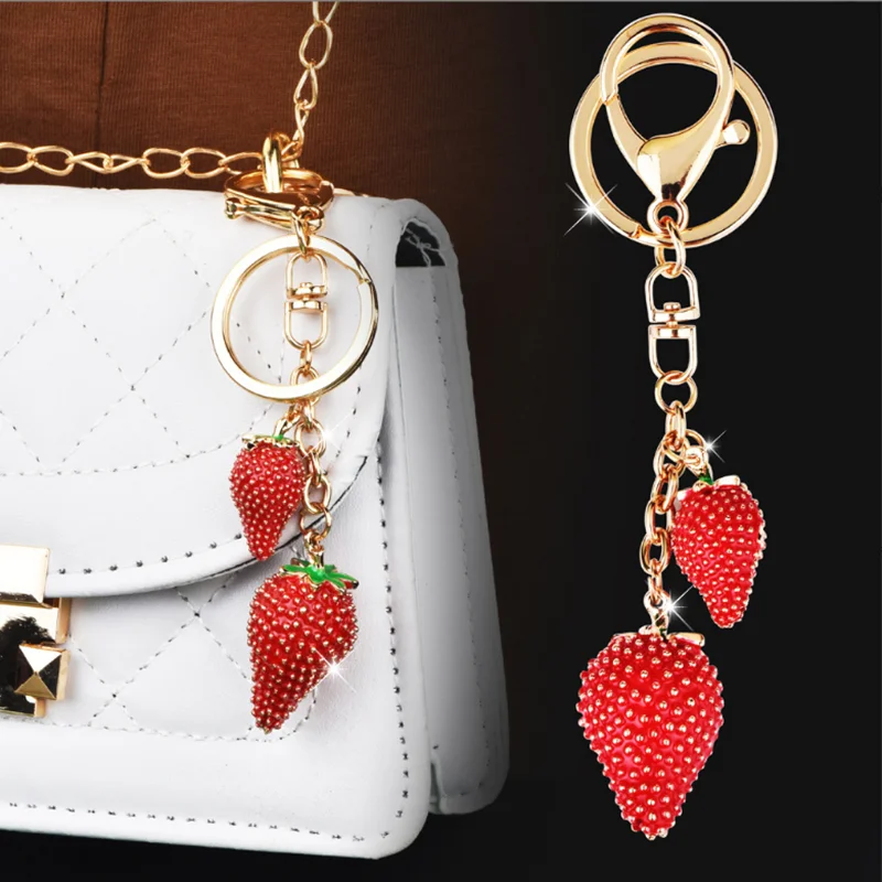 Strawberry Key Ring Bag Charm Keychain Metal Accessory Sparkling Resin For Purses And Bags, Red, Black, Pink