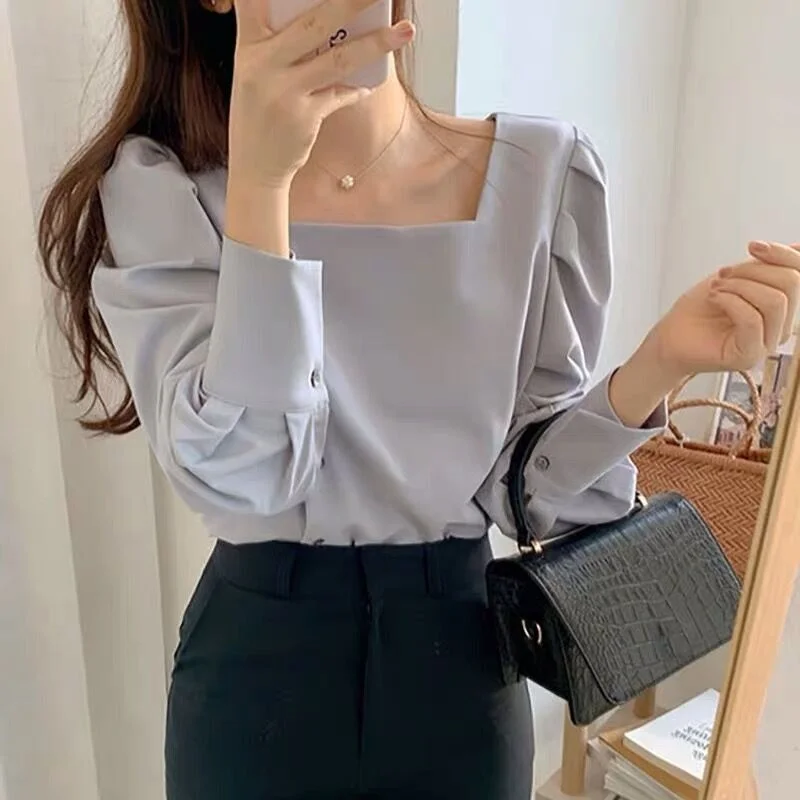 

Spring Autumn Women's irt Design Sensation Small ence Clavicle Heart Design Bubble Sve Square Collar Top