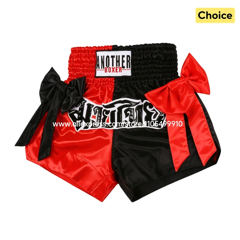Red Blue Satin Muay Thai Fight Shorts Large Side Bow Kick Boxing Trunks Traditional Thai Embroidery Shorts for Gym Combat Sports