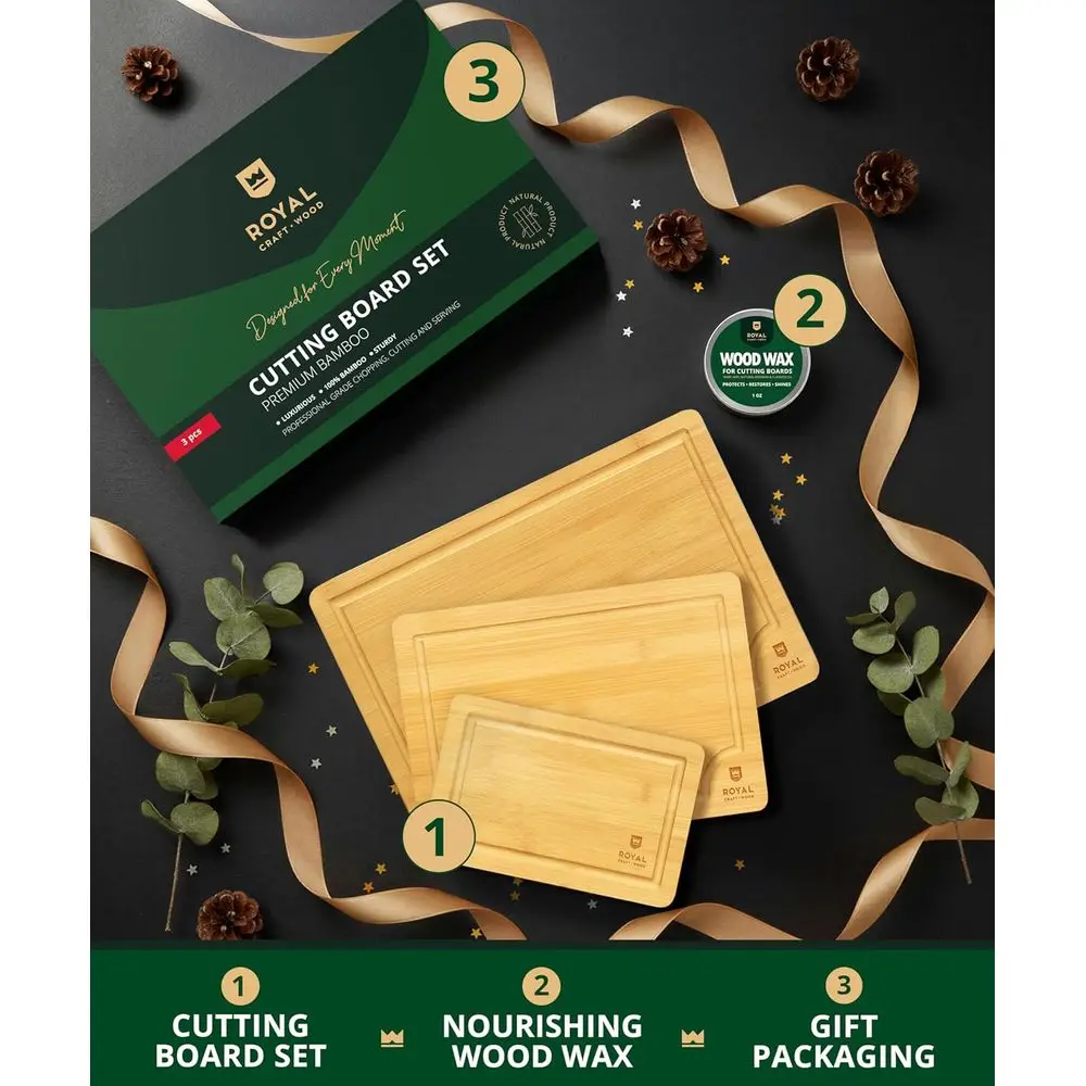 3-Piece Reversible Bamboo Cutting Board Set with Deep Groove & Handles - Premium Charcuterie Boards for Kitchen Gifts