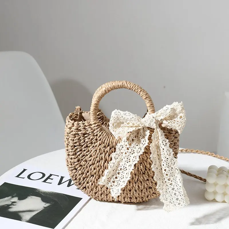 

Модная женская плетеная пляжная сумка ручной работы из ротанговой соломы, большая вместительная сумка из ротанга с лунным кружевом и бантом, богемная балийская сумка