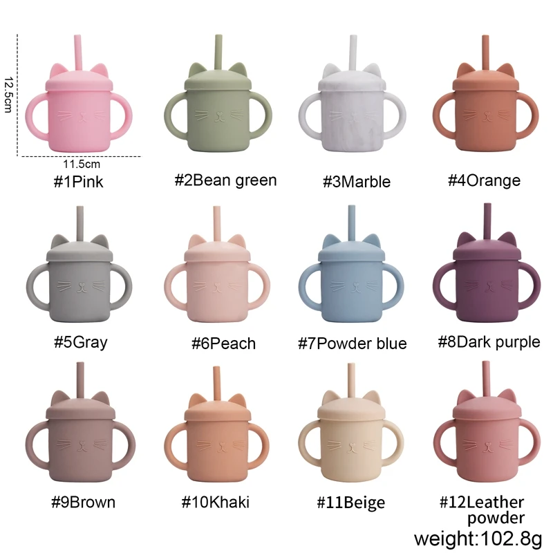 Baby Silicone Straw Feeding Cup BPA Free Children Portable Cartoon Kitty Drink Cup Kids Learning Leakproof Water Feeding Cup