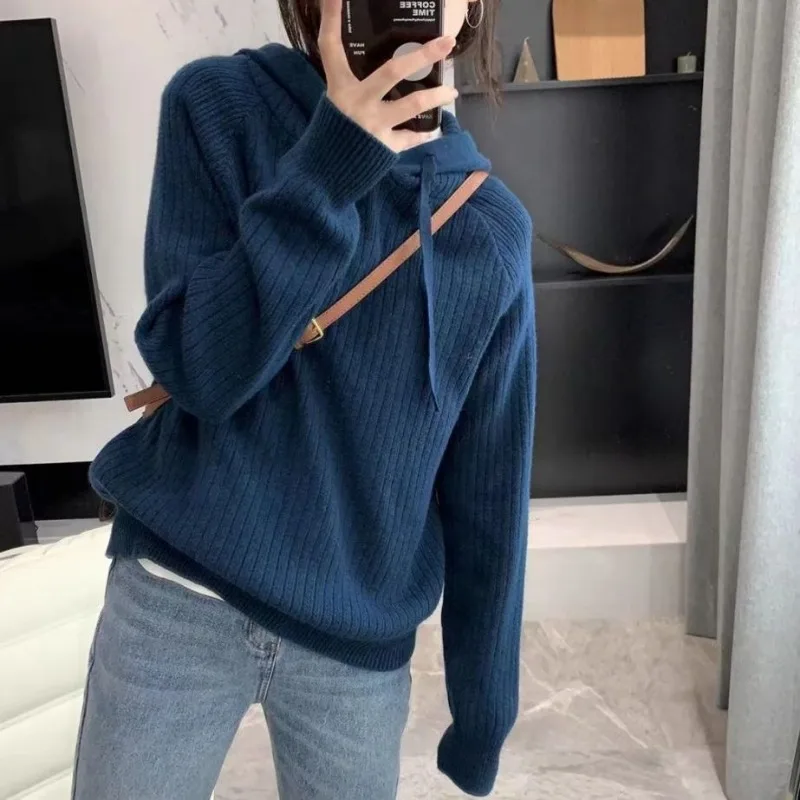 Women's Clothing Autumn Winter Solid Color Sweater Knitted Pullover Lantern Long Sleeve Hooded Casual Elegant Minimalist Tops