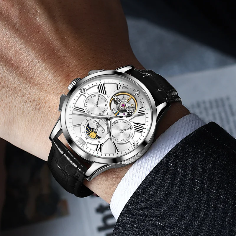 OLEVS New Sport Mechanical Watch Men‘s Fashion Moon Phase Date Waterproof Automatic Tourbillon Watch Luxury Leather Men Watches