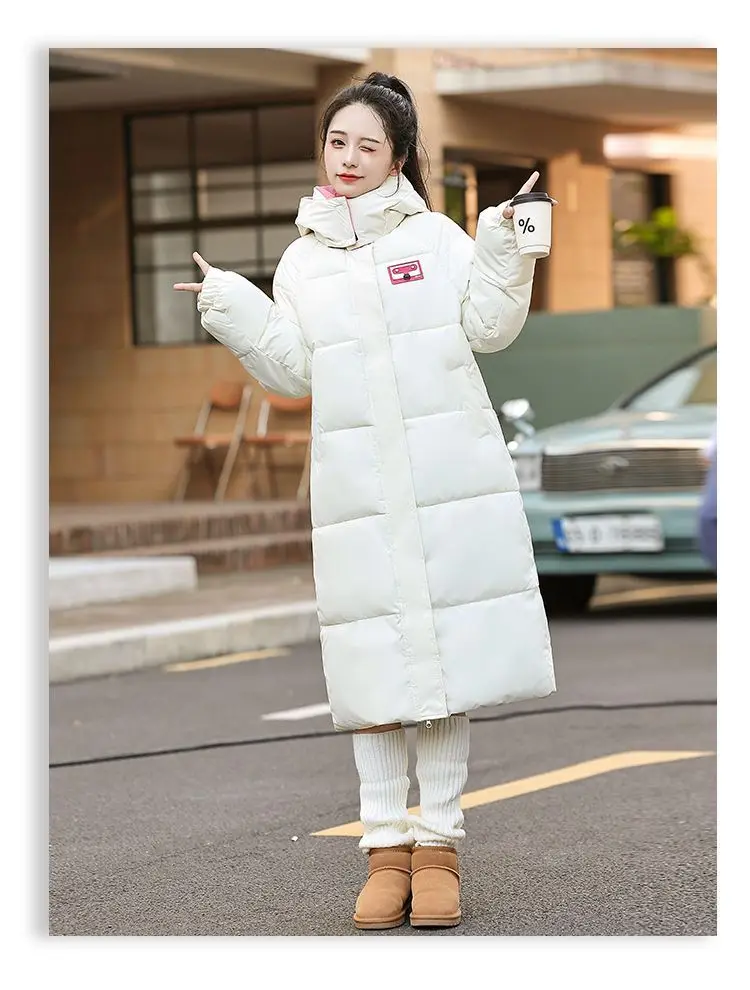 Long Hooded Puffer Coat Women Contrast Collar Warm Quilted Parka Zip‑Up Loose Windproof Winter Outerwear Ladies Padded Jacket