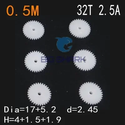 Plástico único modelo de engrenagem para carro de brinquedo, Motor Gearbox Fit to 2.5mm Axis, 32 Dentes, Abertura 2.45mm, 32 Dentes, 32 T, 50PCs