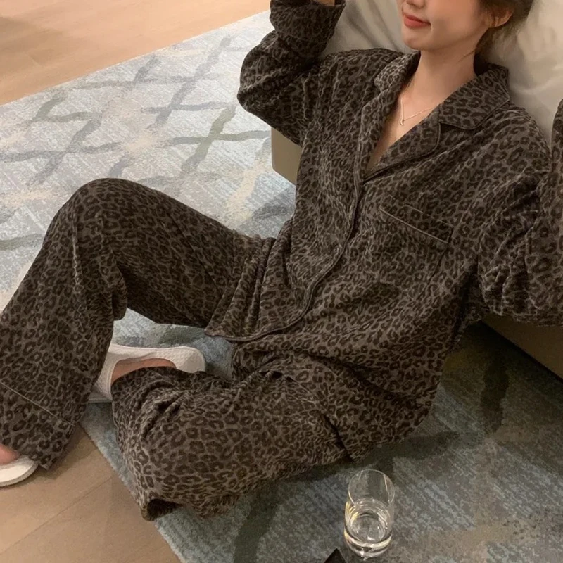 Leopard Sleepwear Women Pajama Sets Autumn Piiama Long Sleeve Pants Sets Women 2 Pieces Korean Night Wears Button Home Suit 2025
