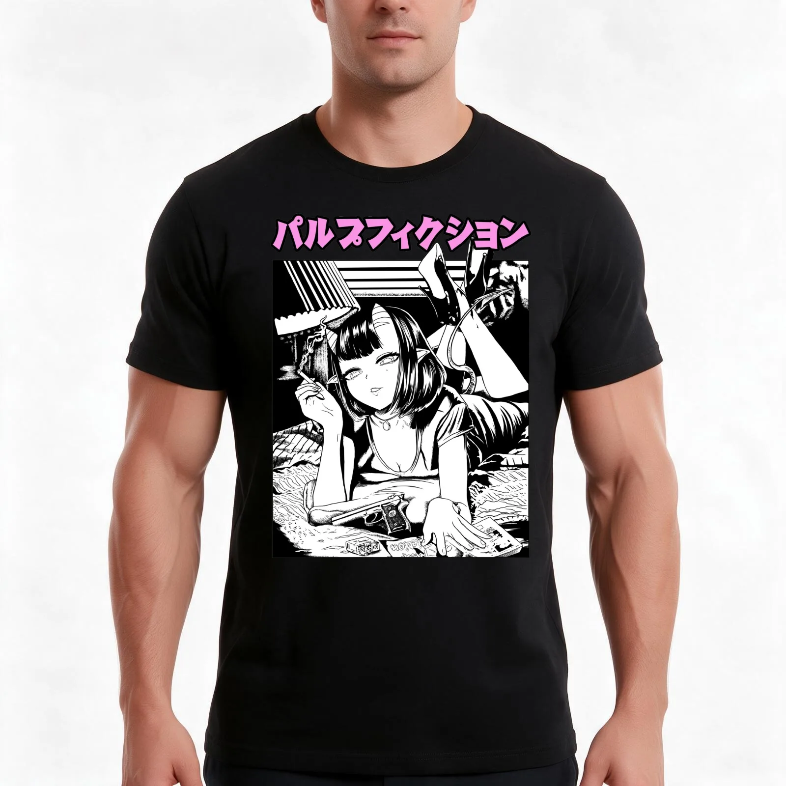 Meru The Succubus / Pulp Fiction - Manga - T-Shirt Summer Casual Cotton Tee Oversized Streetwear Tops Vintage Graphic Print