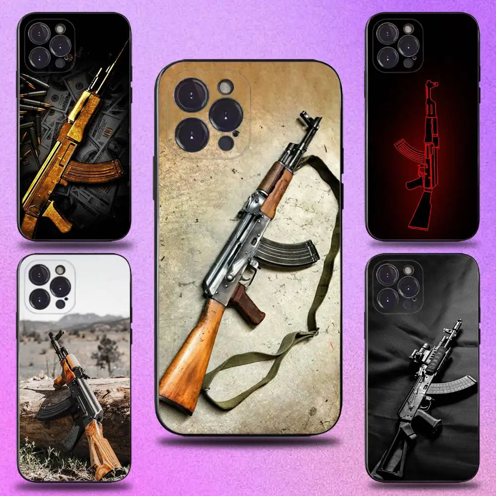 

AK47 Handgun Gun BUllets Phone Case For iPhone 16,15,14,13,12,11 Plus,Pro Max,XS,X,XR,SE,Mini,8,7,Soft Silicone Black Cover