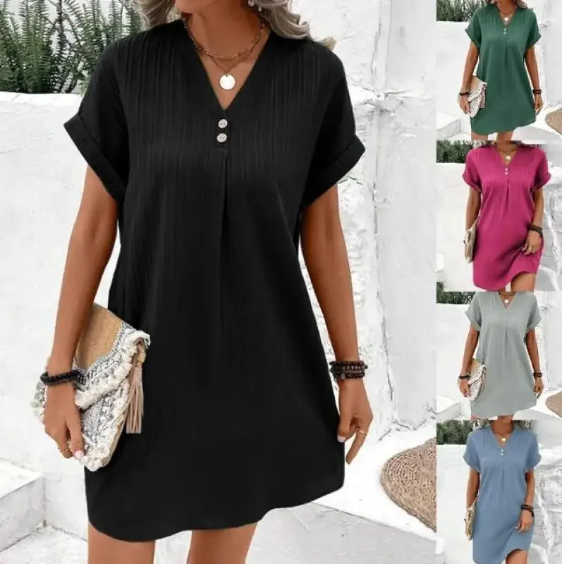 Vestido feminino solto com decote em v, manga curta, roupas de praia largas, vestido de verão monocromático, moda feminina