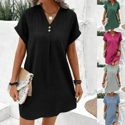 Women's Fashion Loose T-Shirt Dress Ladies V Neck Short Sleeve Beach Baggy Solid Sundress Clothing