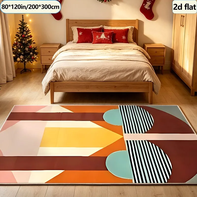 Vintage Multicolor Geometric Semicircle Striped Carpet, Mid-Century Modern Style Carpet, Suitable for Living Room, Bedroom, and Home Floor Decoration