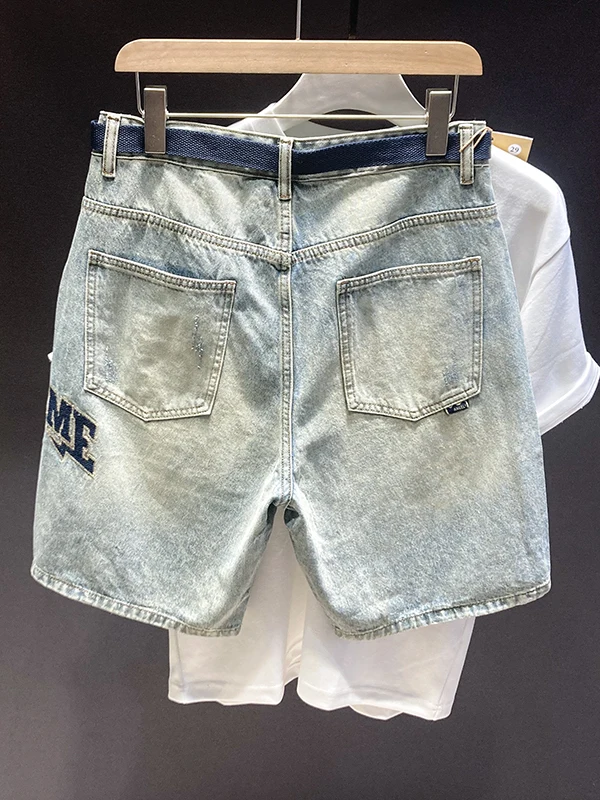 

Летние винтажные рваные джинсовые шорты для мужчин, корейский трендовый бренд, с вышивкой, свободные, средней длины, повседневные джинсы