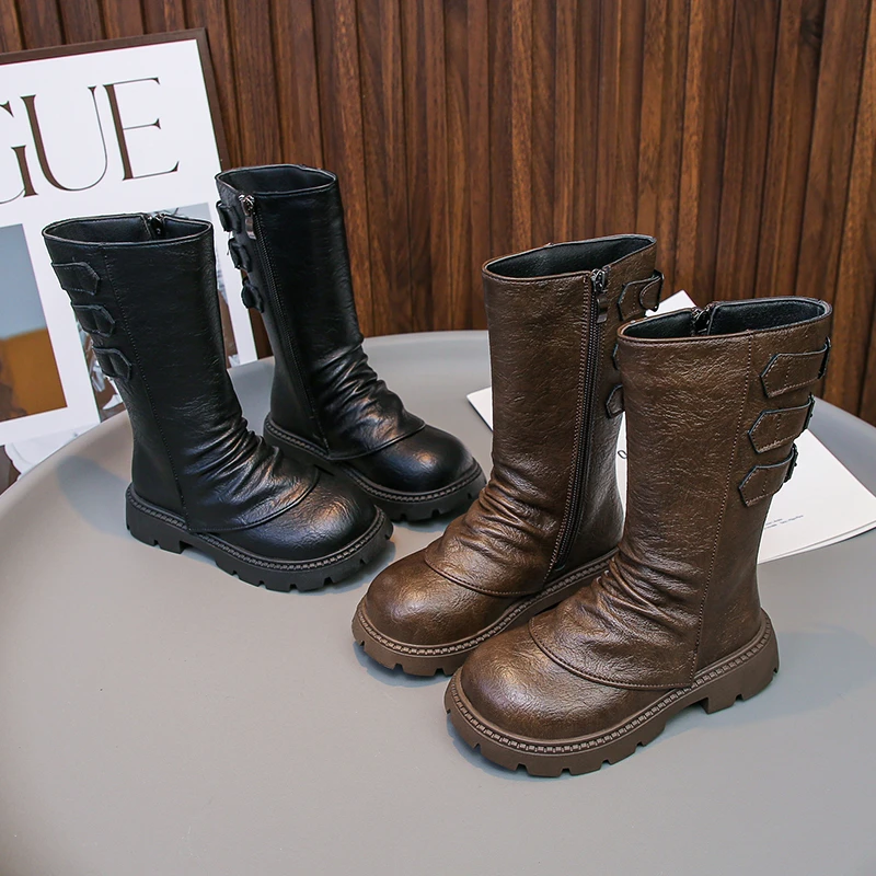 

2025 New Girls Mid-calf Boots Fashion Children Long Boots Simple Thick Bottom Classic Kids Catwalk Leather Boots Winter