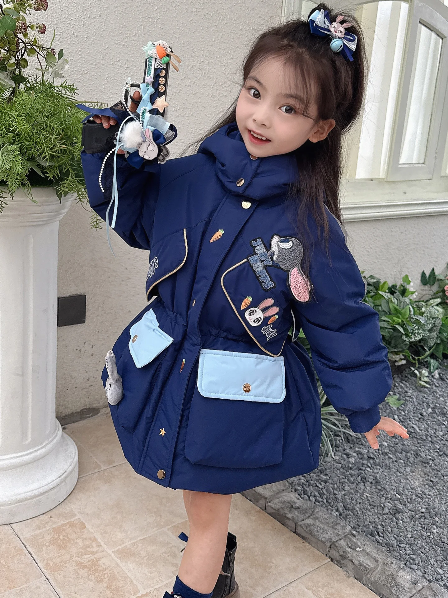 Thiened Warm Du ダウン フード付きジャケット ラビット ポリスオフィサー ニューナショナル スタンド 90 ホワイト ダウン フェザー ミドル丈コート f...