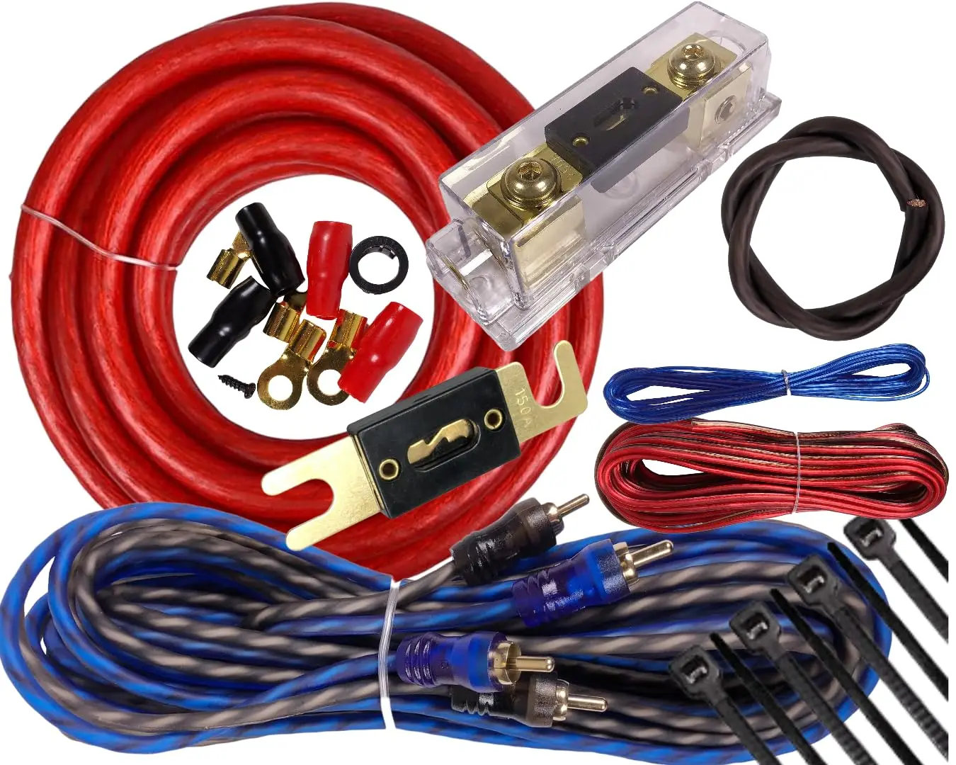 

Warzone Elite 1/0 Gauge Blue Amplifier Kit 6500W, 250A+300A Fuse, RCA Wires & Installation Parts