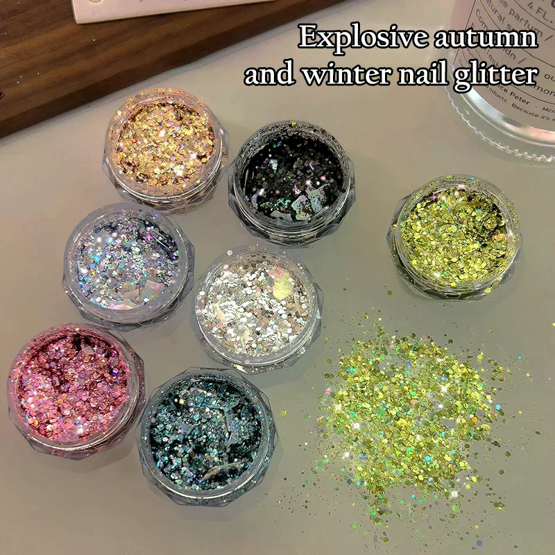1 Box Holographic Pure Shiny Glitter Flakes Sparkly Chunky Iridescent Gold Silver Metallic Mermaid Nail Art Powder Sequins