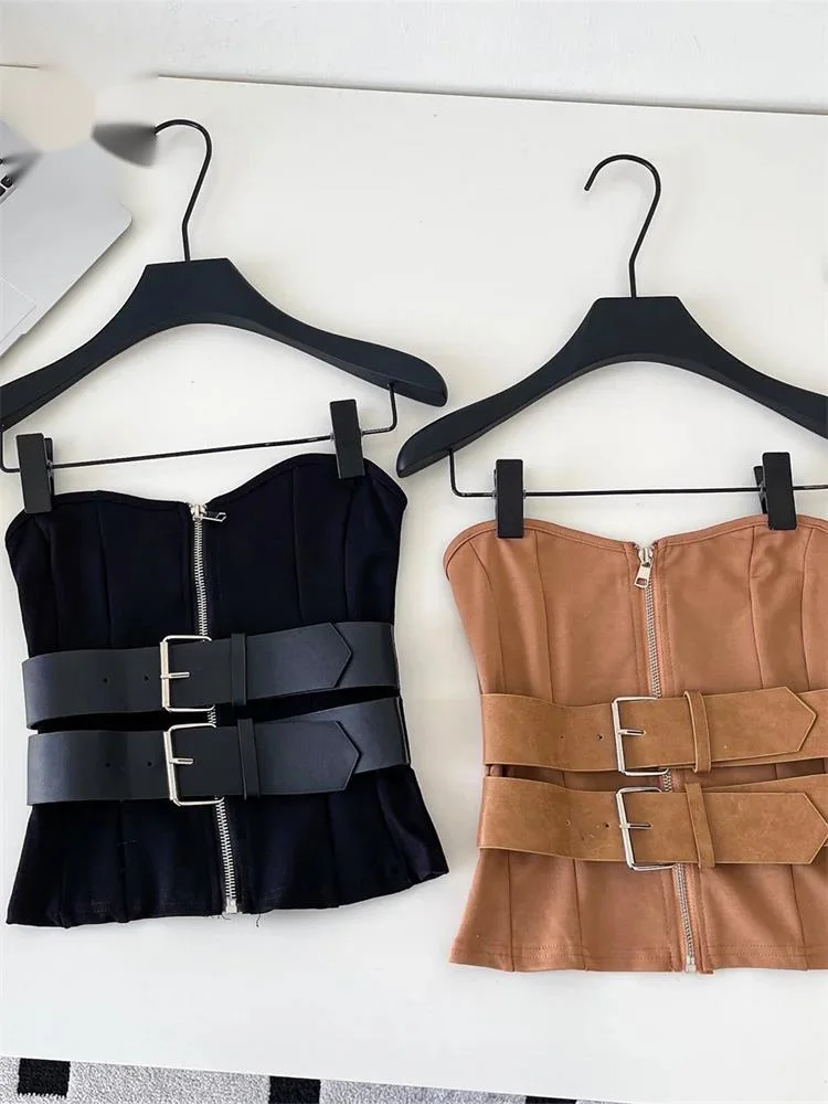 

Сексуальный летний топ-камизоль без бретелек с поясом и молнией, укороченный, с открытой спиной, для ночного клуба, в дерзком стиле, для миниатюрных девушек