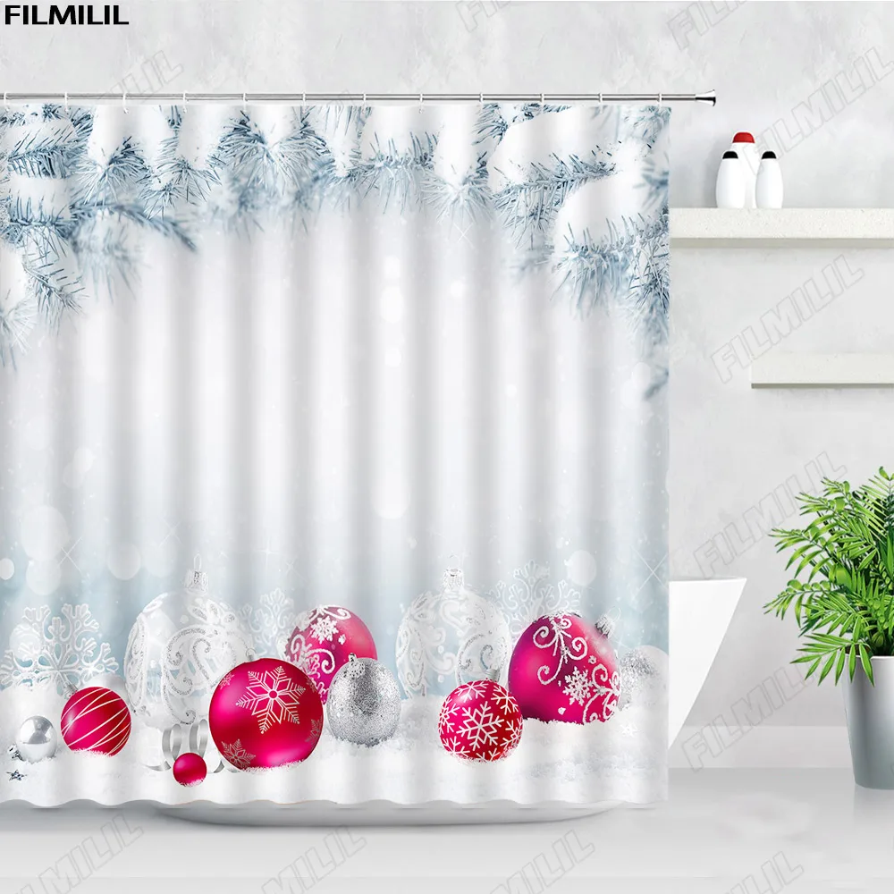 Christmas Shower Curtains Snow Fir Branch Red Silver Xmas Ball Snowflake New Year Home Bathroom Decor Fabric Bath Curtain Sets