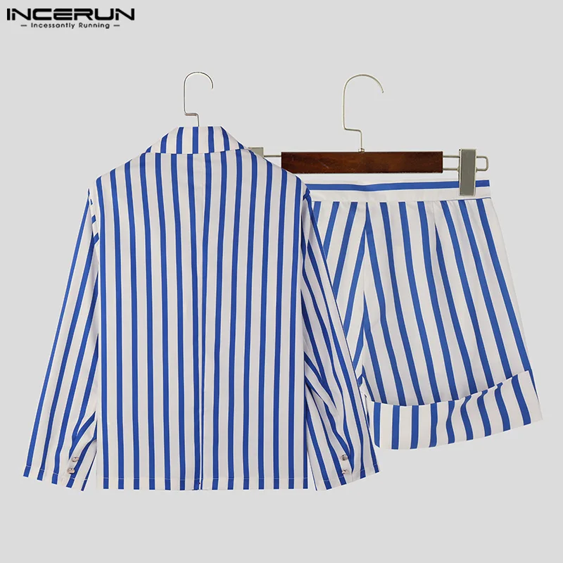 INCERUN 2024 American Style Sets Handsome Men\'s Stylish Striped Long Sleeved Suit Shorts Streetwear Hot Sale Suit 2 Pieces S-5XL