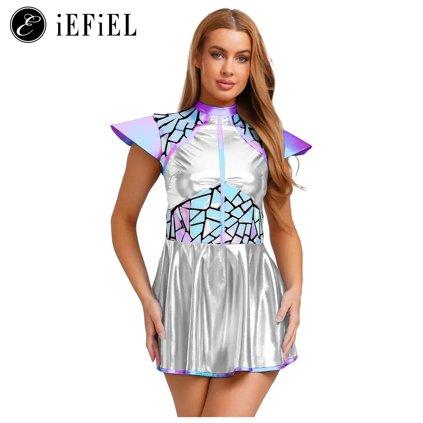 

Women Alien Outerspace Robot Astronaut Halloween Cosplay Costume Metallic Cap Sleeve Zip Neck A Line Dress Future Party Dress-up