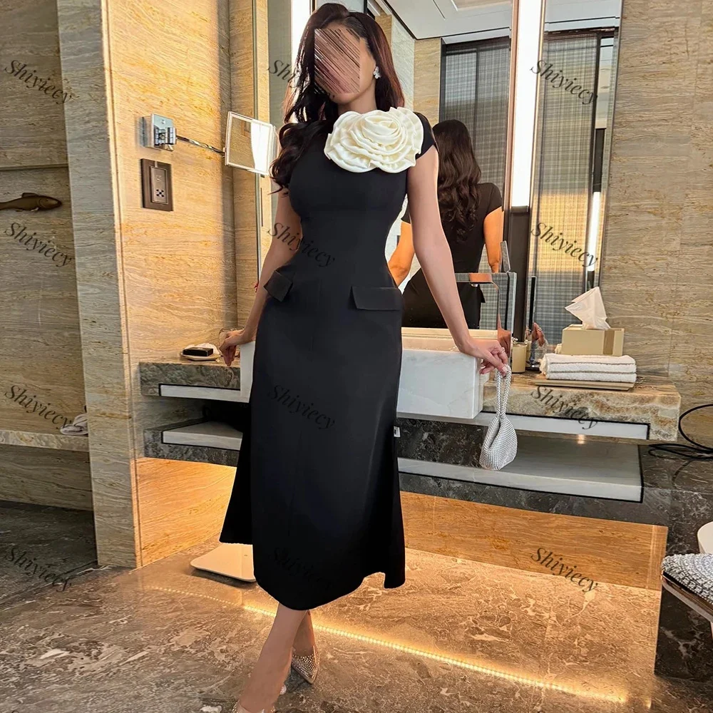 

Chic Vintage Evening Dresses With 3D Flower Saudi Arabia Elegant Women's Short Sleeve Tea-Length Formal Occasion Cocktail Dress