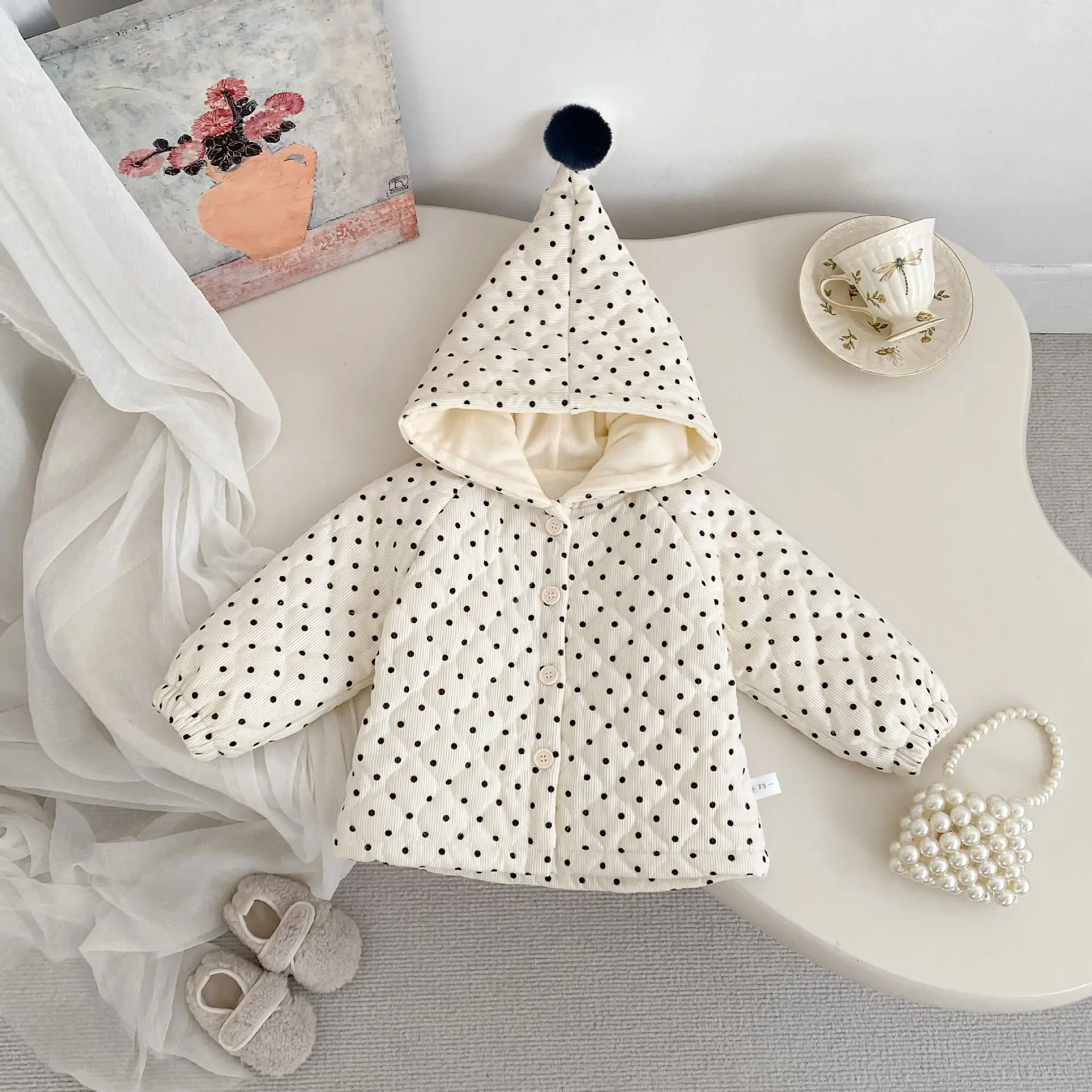 

2025 Winter New Baby Girl Long Sleeve Warm Hooded Coat Girls Cute Dot Print Cotton Padded Jacket Children Fleece Coat