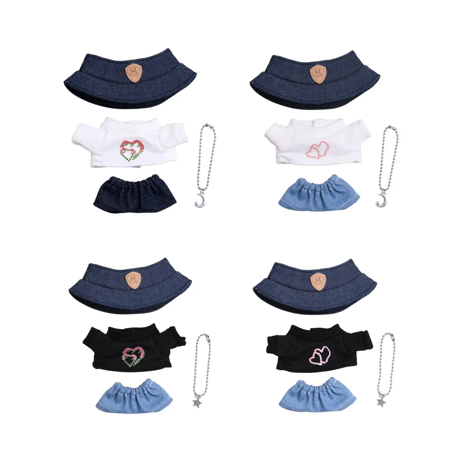 4x Girl Doll Clothes with Doll T-shirt, Jeans, Necklace, Hat Handmade Dress up Cartoon Mini for 15cm-17cm Doll Birthday Gifts