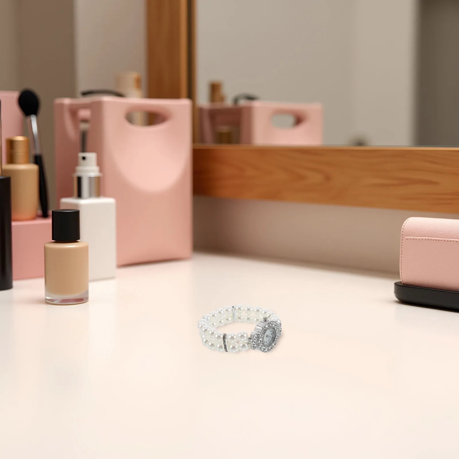 السيدات لؤلؤة سوار فستان ساعة صغيرة مستديرة الطلب صف مزدوج التناظرية كوارتز ساعة اليد هدية عيد الميلاد الإكسسوارات