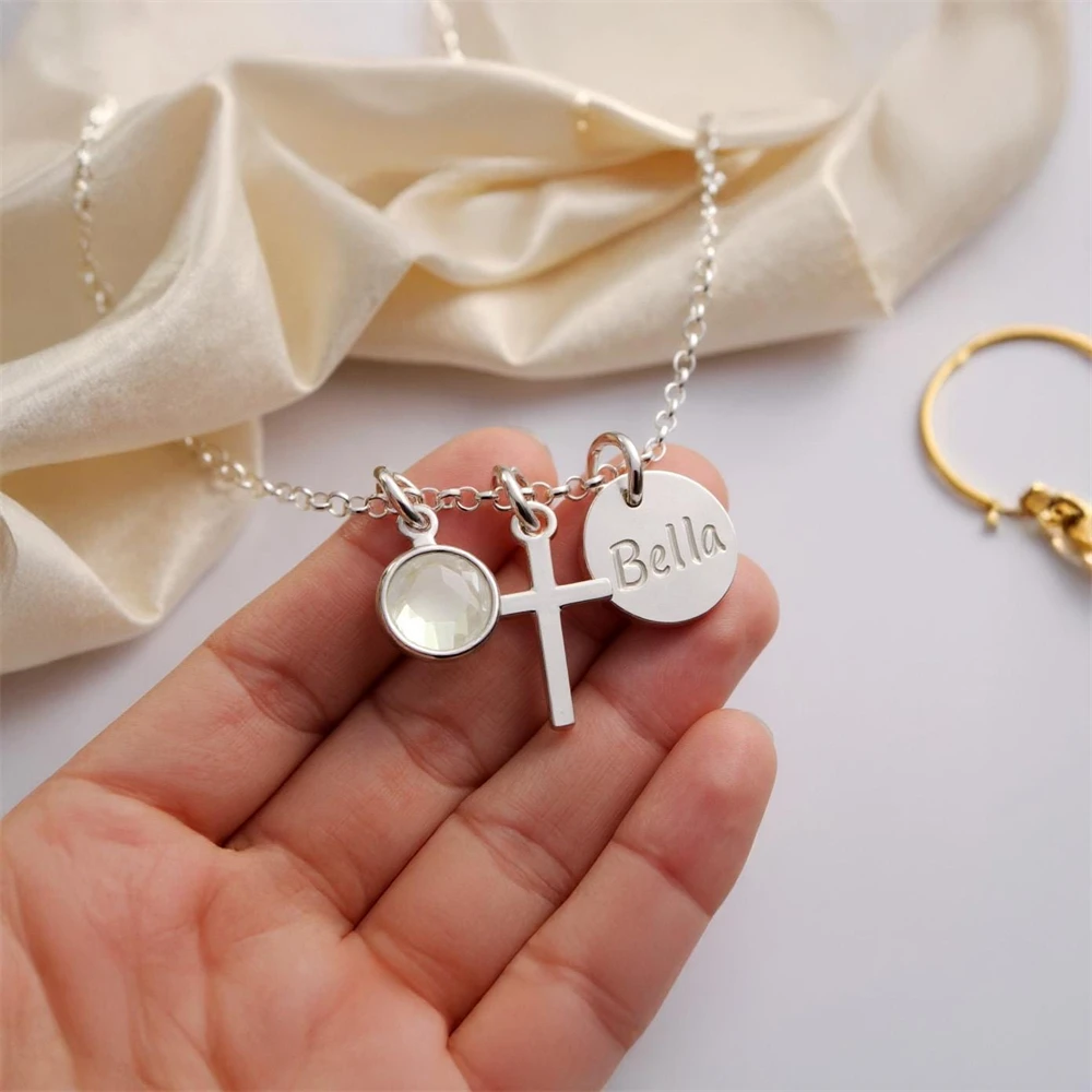

Индивидуальные круглые именные кулоны для женщин, украшения с камнем по месяцу рождения, из нержавеющей стали, персонализированная цепочка-чокер, подарок на День святого Валентина