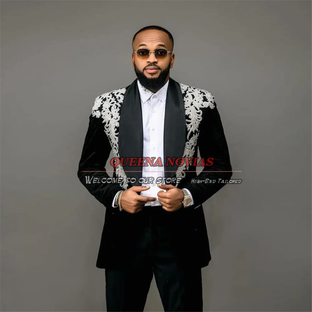 Setelan pakaian pernikahan mewah untuk pria Slim Fit applique jaket beludru manik-manik celana 2 PCS Formal pesta pengantin pria tuksedo dibuat khusus blazer