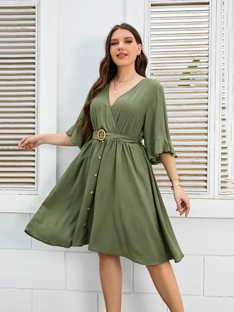 Plus Size Letnia Sukienka dla Kobiet Wrap V Neck Ruffle Sleeve Smock Boho Beach Robe O-ring Drawstring Belt Back V Cut Tie Cloth