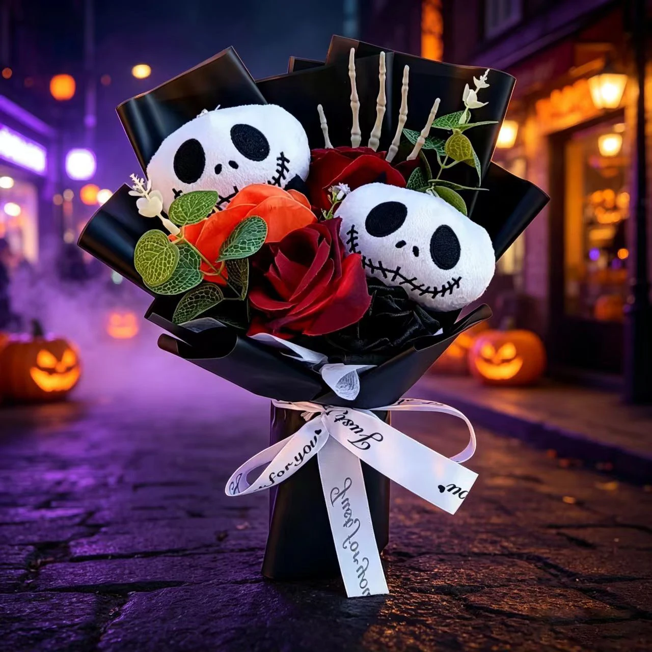 Halloween-Blumenstrauß Jack Skellington Plüschpuppe Lustiger Totenkopf-Geist Hallowmas Valentinstag Mädchen Geburtstagsgeschenke
