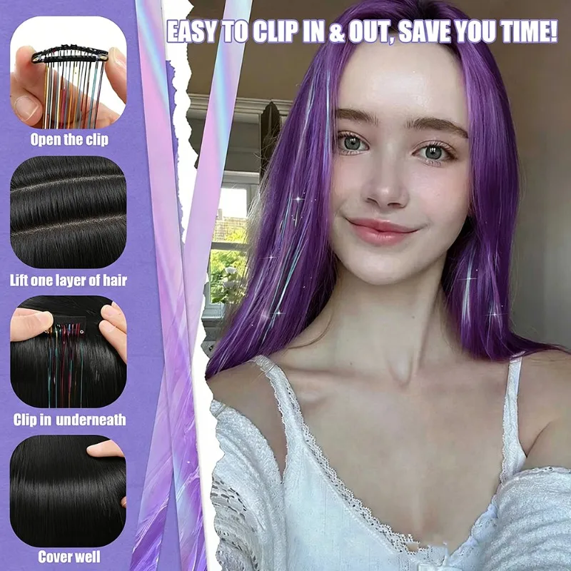 

A18P-Clip In Rainbow Hair Tinsel 12Pcs 20Inch Kit For Women Girls Kids Purple Hair Accessories