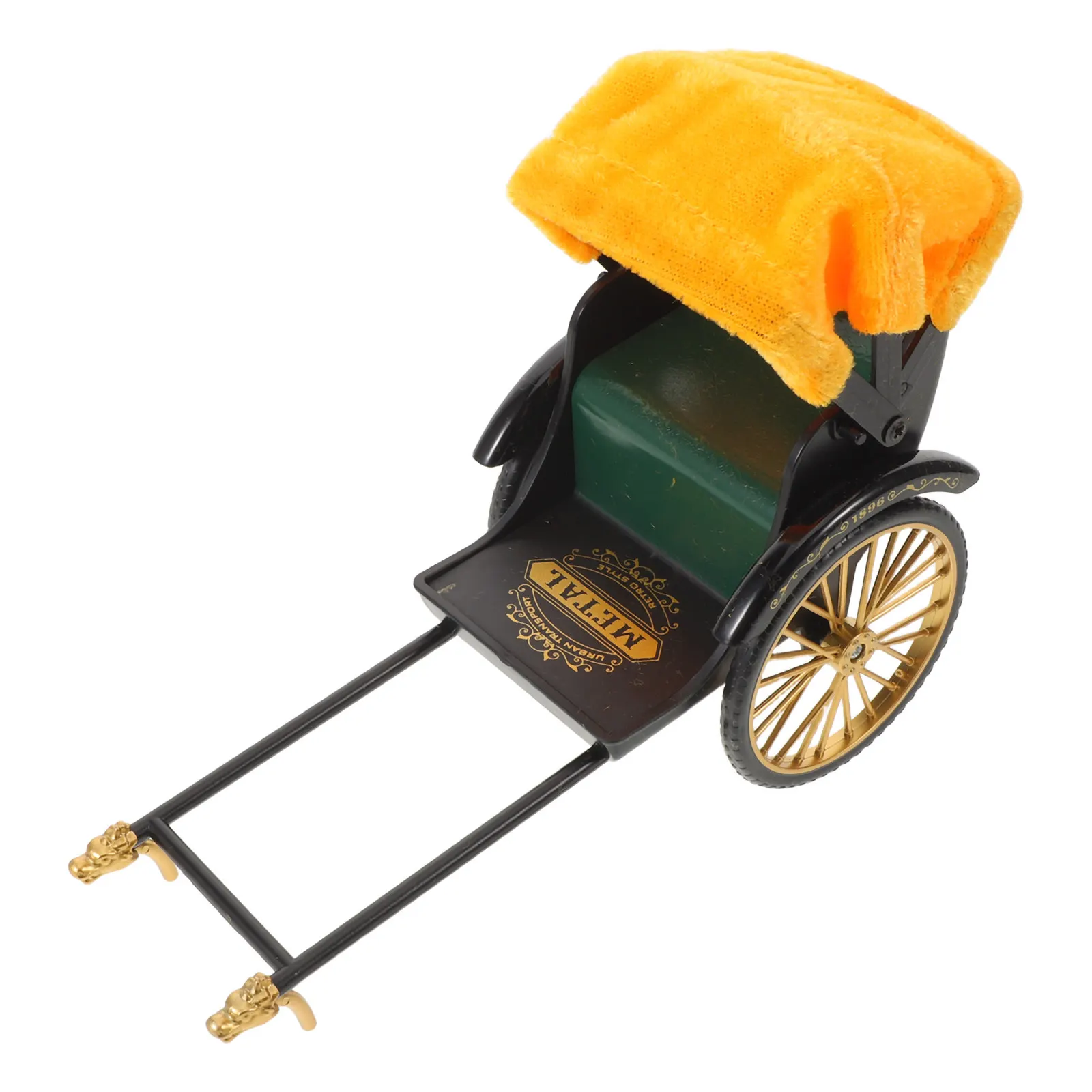 Chinese Vintage Yellow Jinrikisha Retro Tricycle Mini Desktop Ornament Simulation Three-Wheeled Ricksha Sculpture Metal Cart