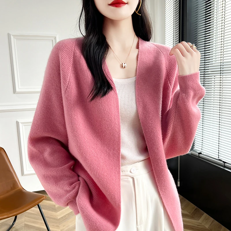 S-XXL 100% pure wool cardigan sweater women\'s knitted loose and comfortable women\'s V-neck new long sleeved wool jacket sweater