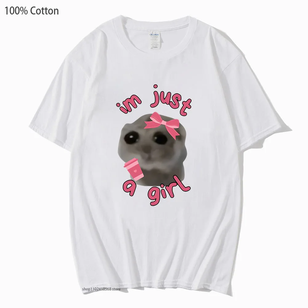 I'm Just A Girl Meme Hamster T-Shirts 100% Cotton Summer Clothes Girls Kawaii Tshirts Long Sleeve Soft Tees Unisex Women Men Top