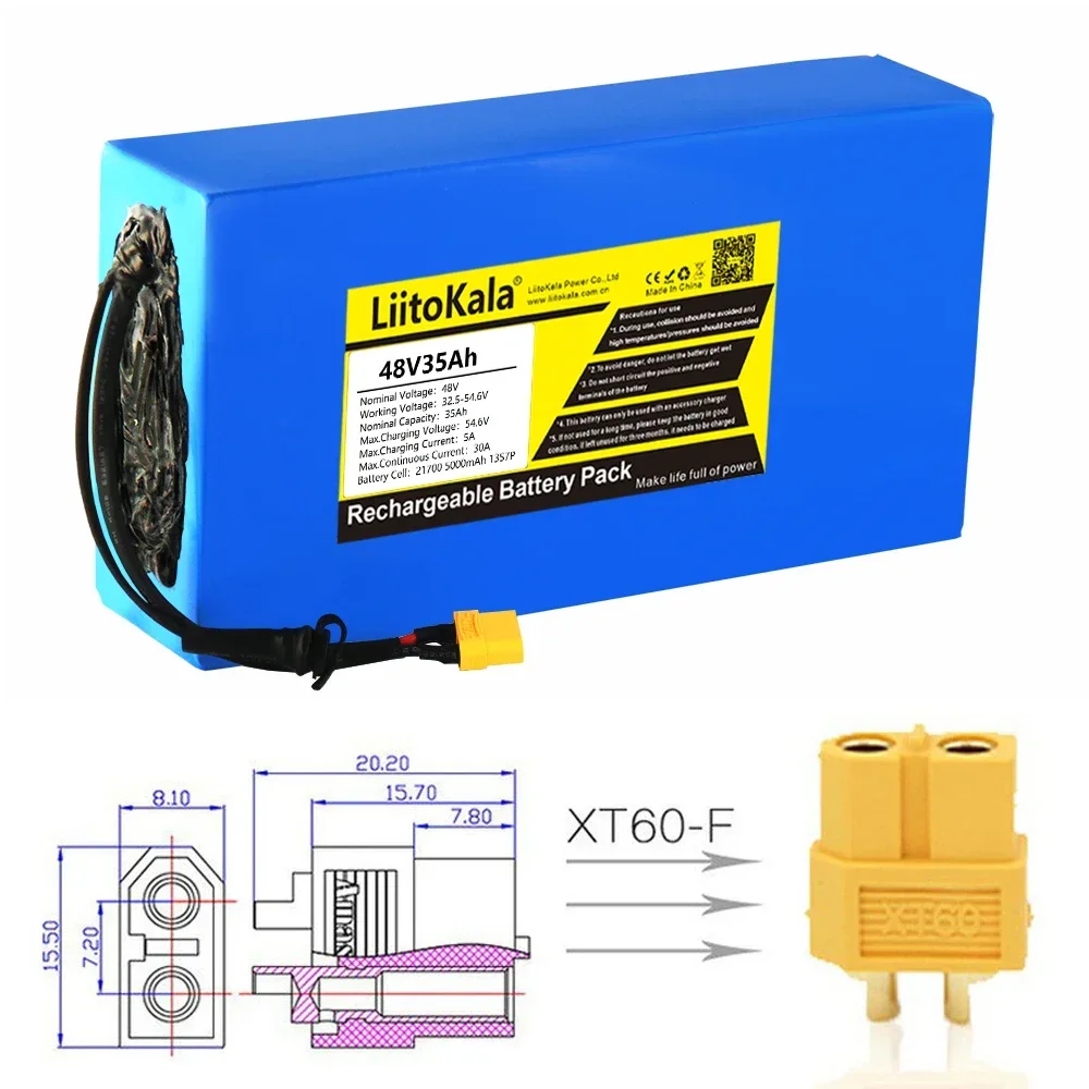 LiitoKala 48V 35Ah 21700 5000mAh 13S7P batería de litio 48V35AH 1500W batería de bicicleta eléctrica integrada 30A BMS T/XT90/XT60