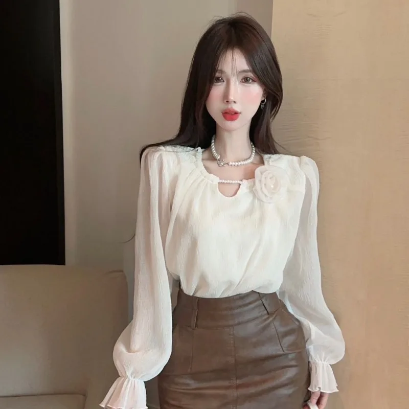 

Chiffon Woman Top Korean Popular Clothes Full Long Sleeve Streetwear Vintage Fashion 2025 Cool Flower Shirts & Blouses for Women