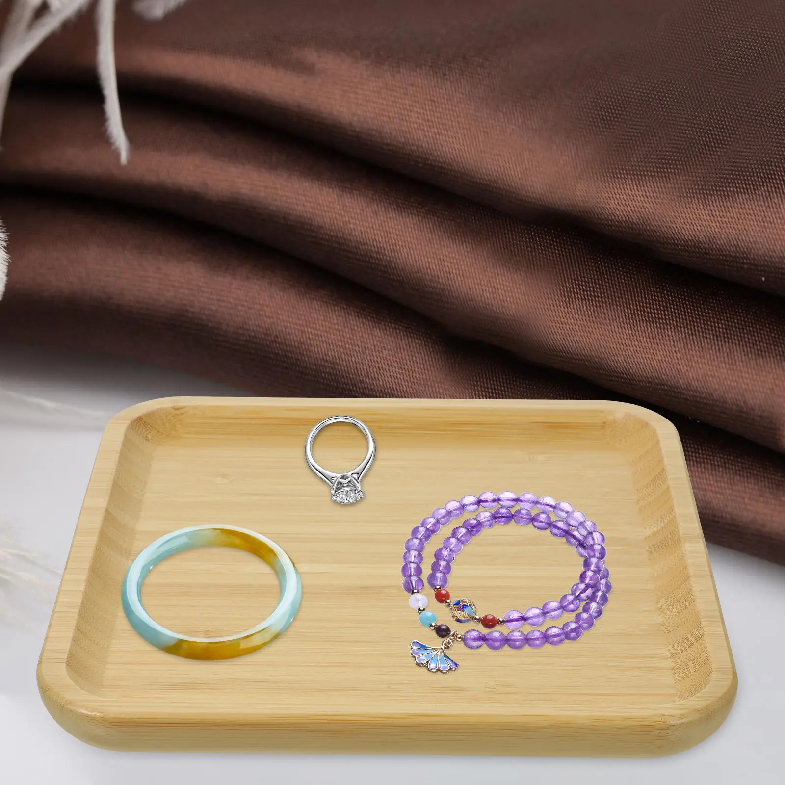 

Solid Bamboo Jewelry Tray Square Nightstand Organizer Compact Small Decorative Trinket Dish Holder Ring Display Bowl