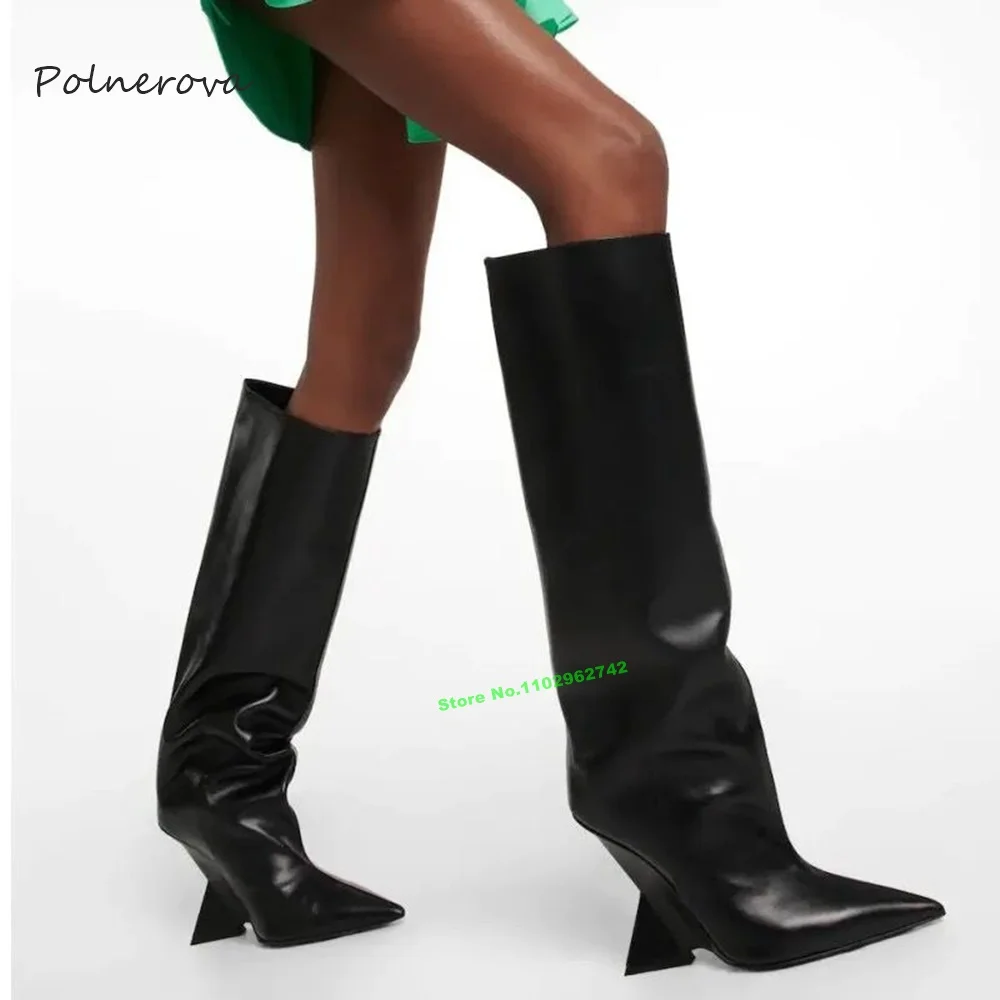 

2023 Strange Style Knee High Boots Patent Leather Slip On Women's Boots Pointy Toe Runway Nightclub Shoes for Autumn Winter Sexy