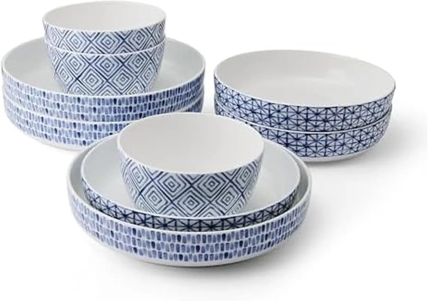 Blue Bone China Dinnerware Bowl Set, 9-Piece, Service for 3, Lightweight and Chip Resistant