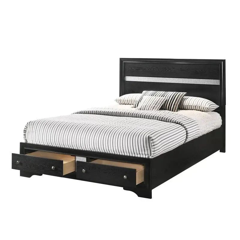

King Platform Bed with Storage Drawers in Shimmering Silver and Black Finish, Solid Wood Construction