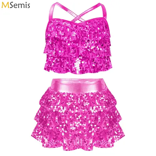 Imagen 2 del producto Traje de baile de Jazz con lentejuelas para adolescentes, Top corto metálico brillante con falda unitaria escalonada, traje de porristas de baloncesto escolar