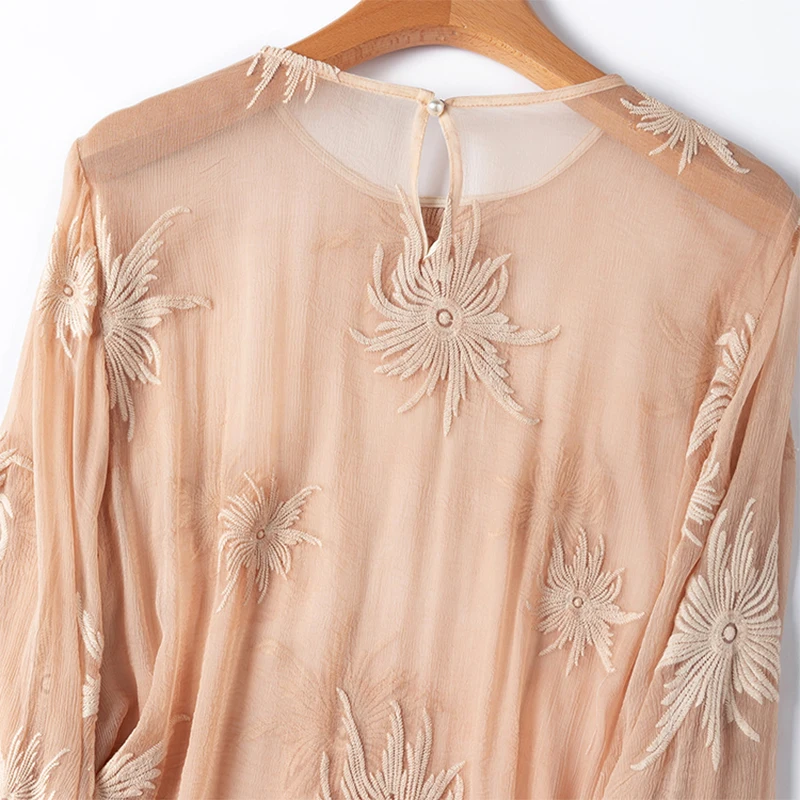 Damska Jedwabna Bluzka 100% Jedwab Morwowy Cienka Przezroczysta Pomarańczowa Haftowana Okrągły Dekolt Długi Rękaw Koszula Top Pulower M1369