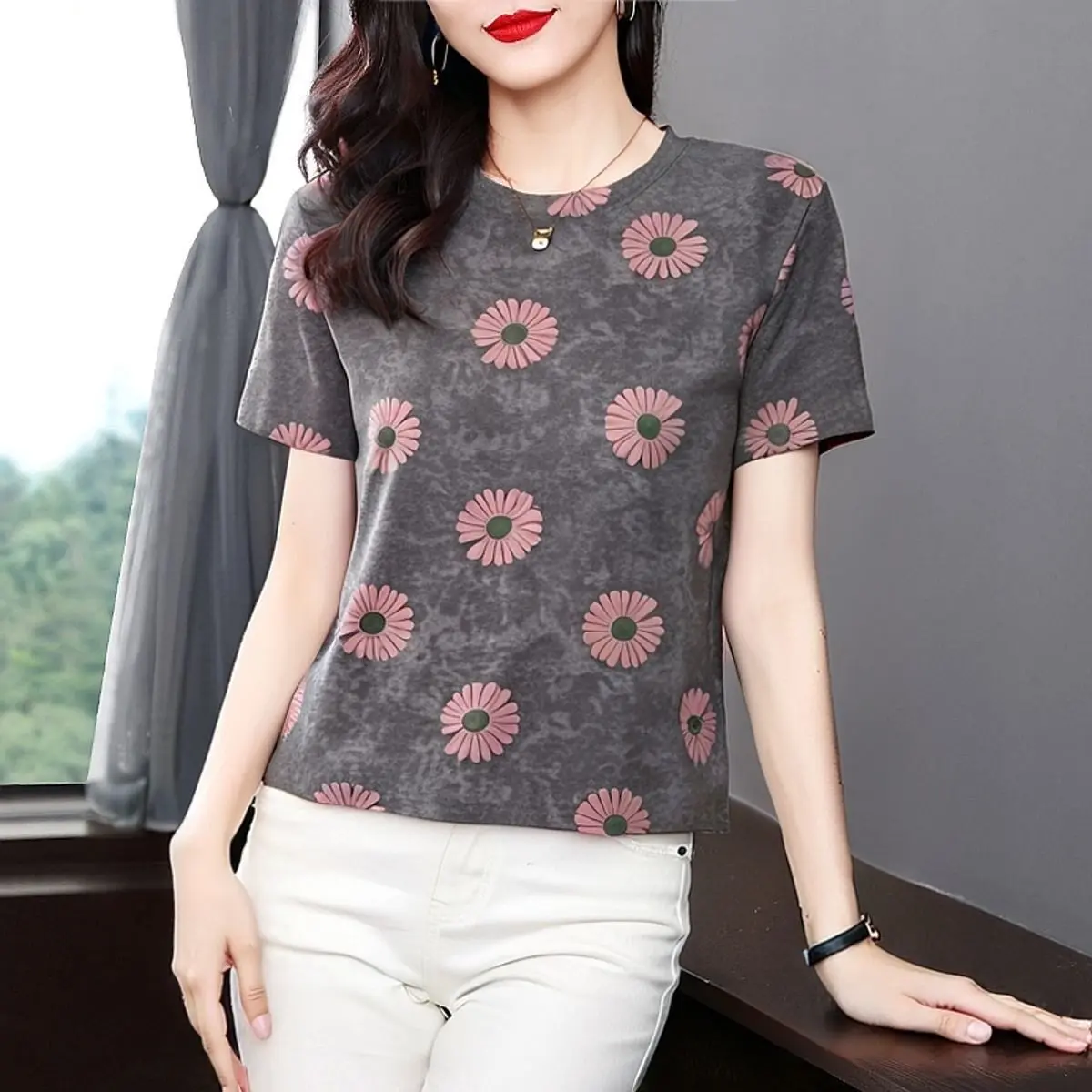 

High-End Mommy Style Short Sleeve T-Shirt Women's Loose Casual Slimming Fashion Top Leisure Middle-Aged And Elderly